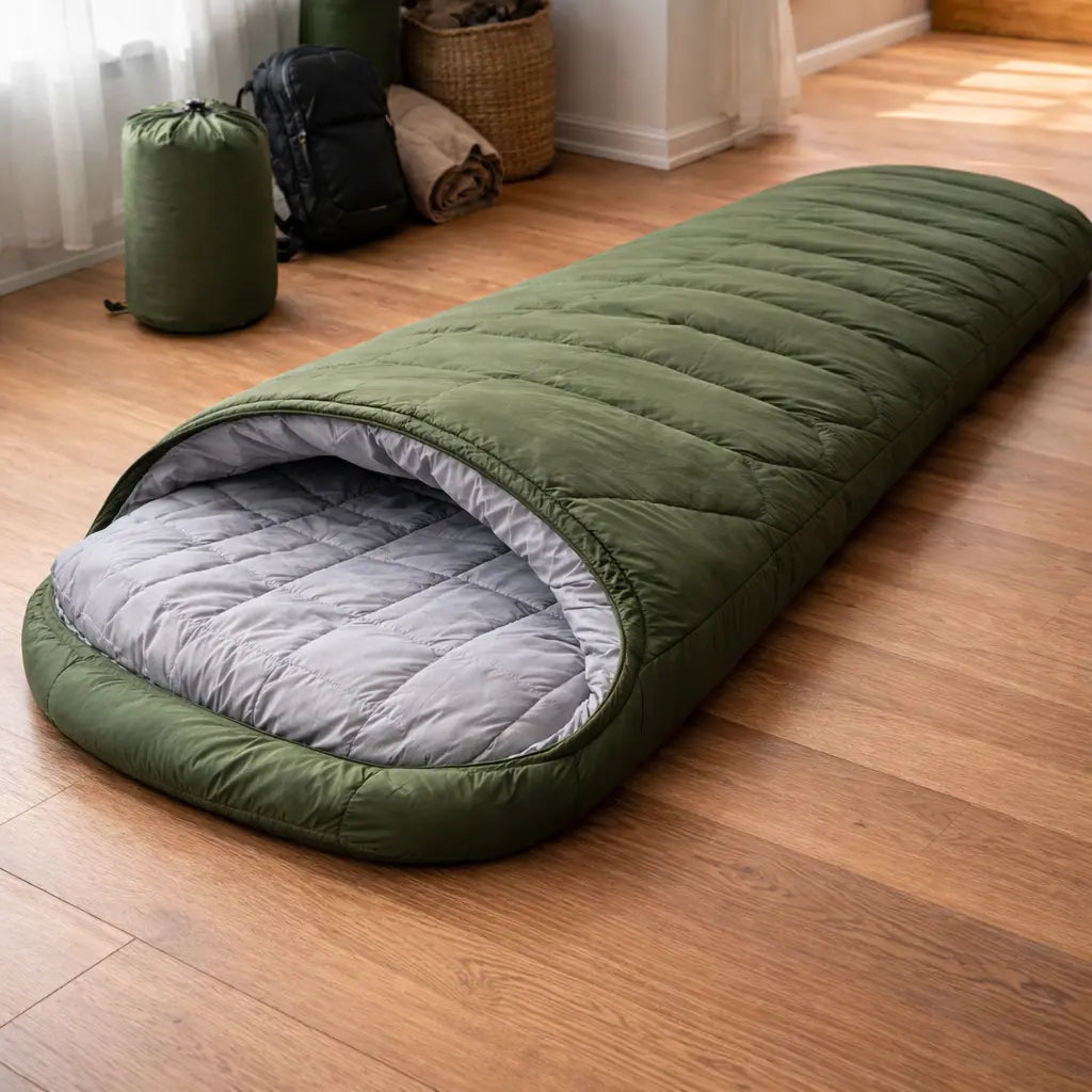 4 season sleeping bag laid out at campsite