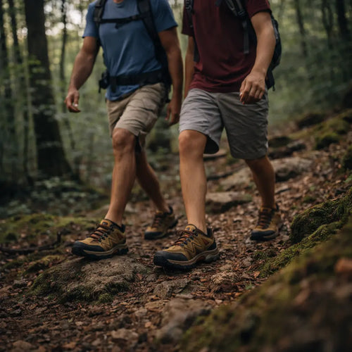 Waterproof hiking shoes on trail with rugged grip for wet weather hikes, trekking, and travel.