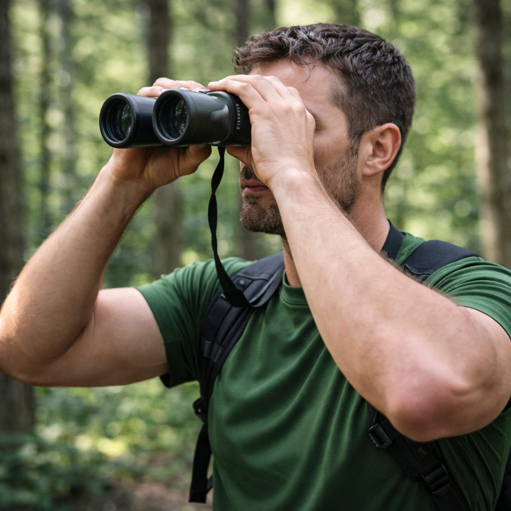 Hiker using ALPNR Summit 20x50 binoculars in the forest