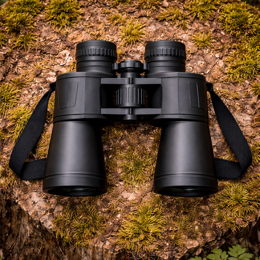 ALPNR Summit 20x50 binoculars close-up with strap on mossy ground